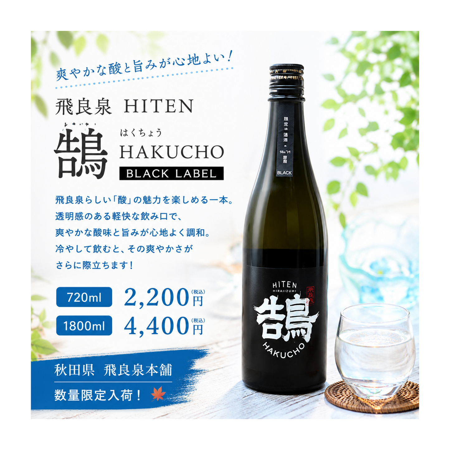 飛良泉 HITEN 鵠　HAKUCHO　BLACK LABEL　　720ml